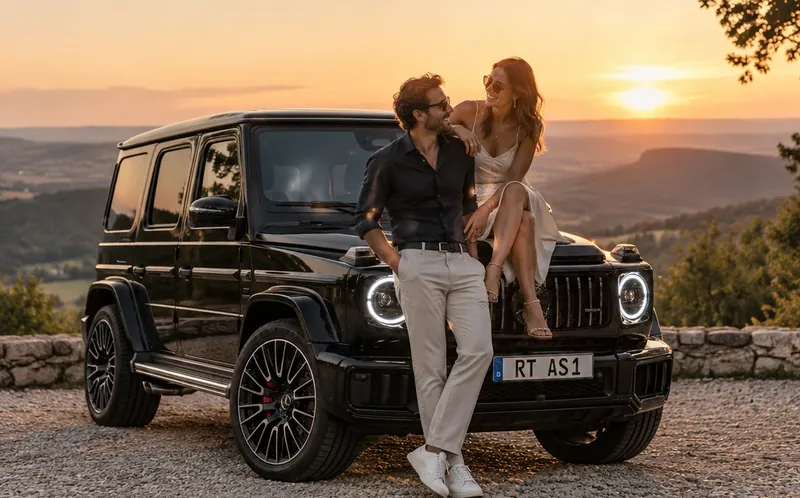 Paar sitzt bei Sonnenuntergang auf der Motorhaube einer schwarzen Mercedes-Benz G-Klasse an einem Aussichtspunkt
