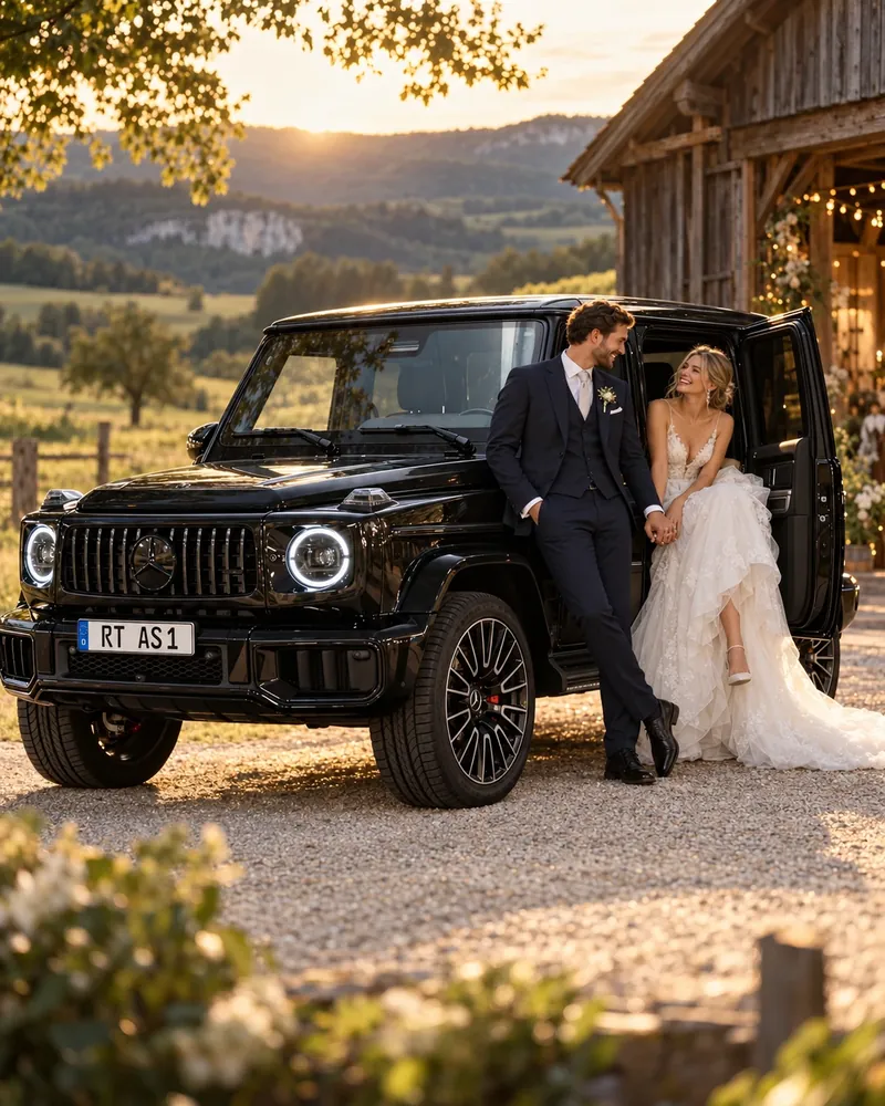 Brautpaar lehnt an einer schwarzen Mercedes-Benz G-Klasse vor einer Scheune, im Hintergrund die Hügel der Schwäbischen Alb