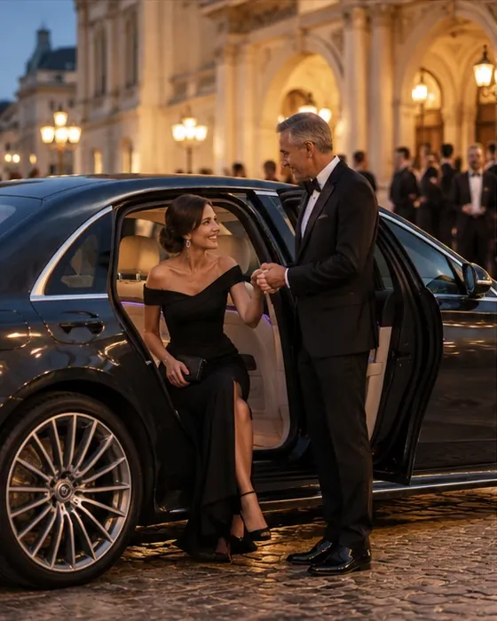 Mann in Smoking hilft einer Frau im Abendkleid aus dem Fond einer Mercedes-Benz S-Klasse vor einem Opernhaus