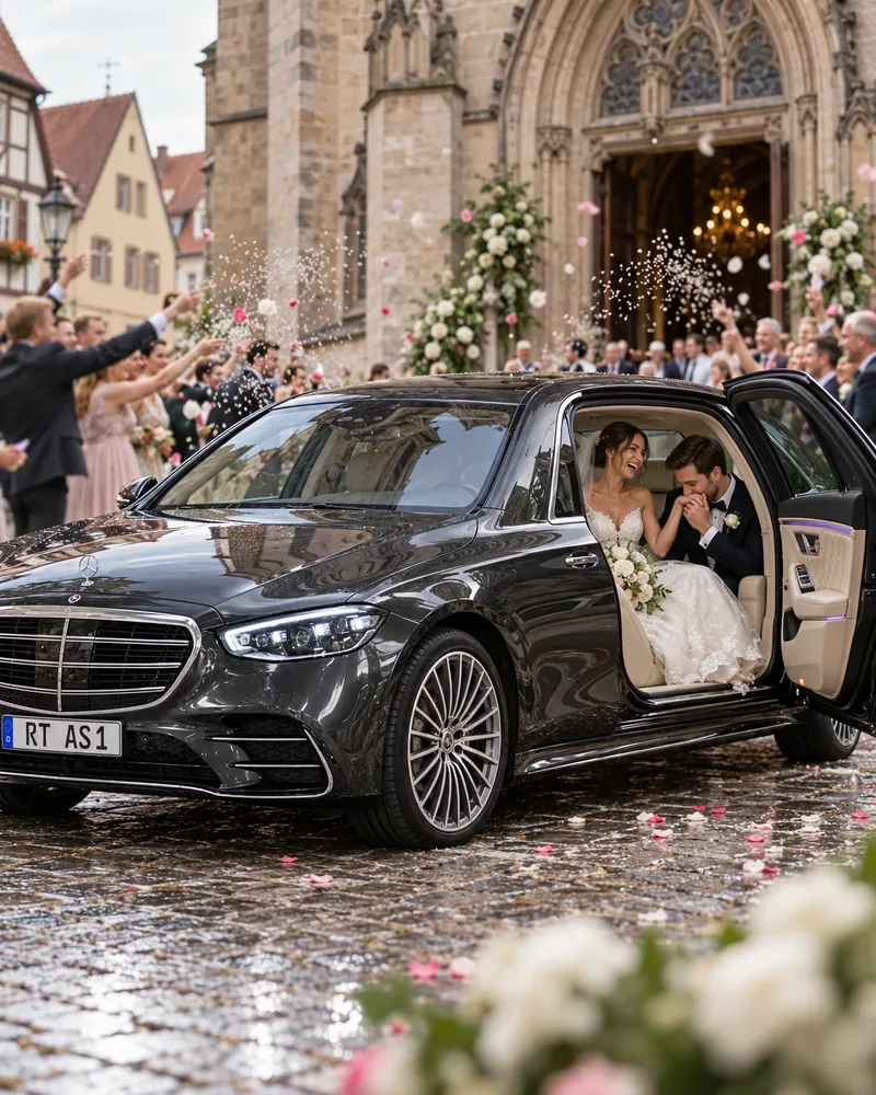 Brautpaar im Fond einer dunkelgrauen Mercedes-Benz S-Klasse vor einer Kirche, Gäste werfen Blütenblätter