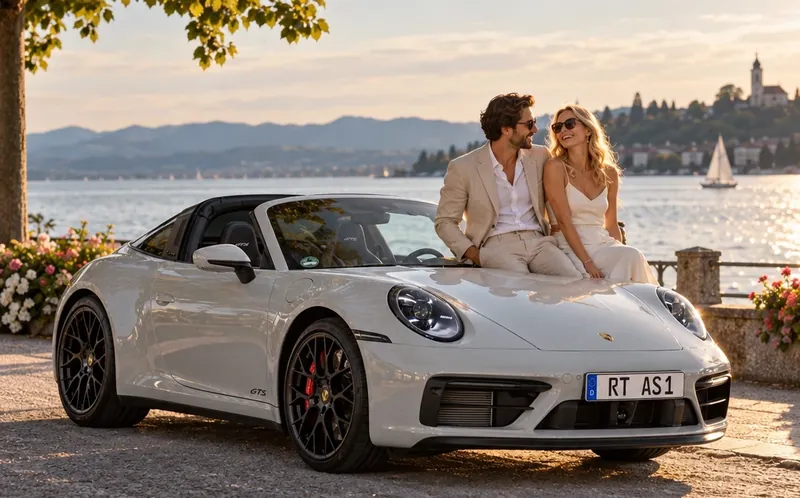 Paar sitzt auf einem hellgrauen Porsche 911 Targa an einer Uferpromenade am Bodensee