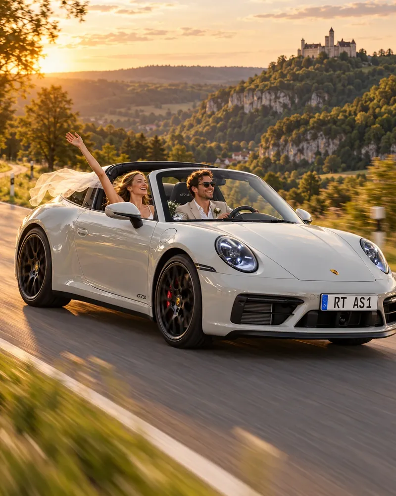 Brautpaar fährt im hellgrauen Porsche 911 Targa mit offenem Dach über eine Landstraße, die Braut winkt